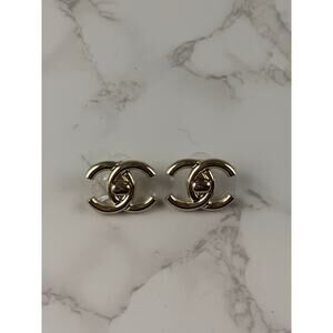 Chanel CC Logo Gold Stud Earrings Classic Minimal